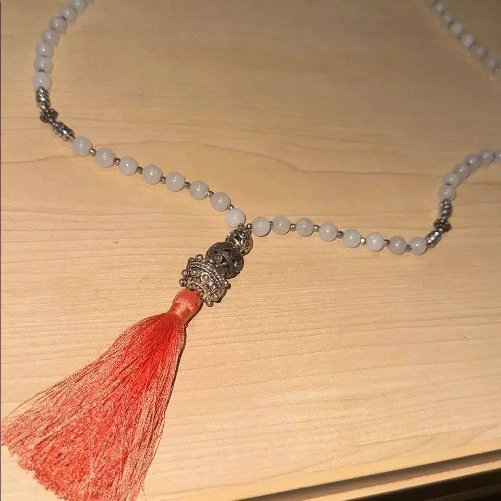 VINTAGE Hand Beaded Necklace Pink Tassle Long Necklace NEW Silver Accents